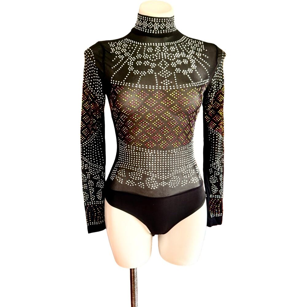 Mega Wear Rhinestone Sheer Black Mesh Mock Neck Bodysuit Y2K Clubwear Small